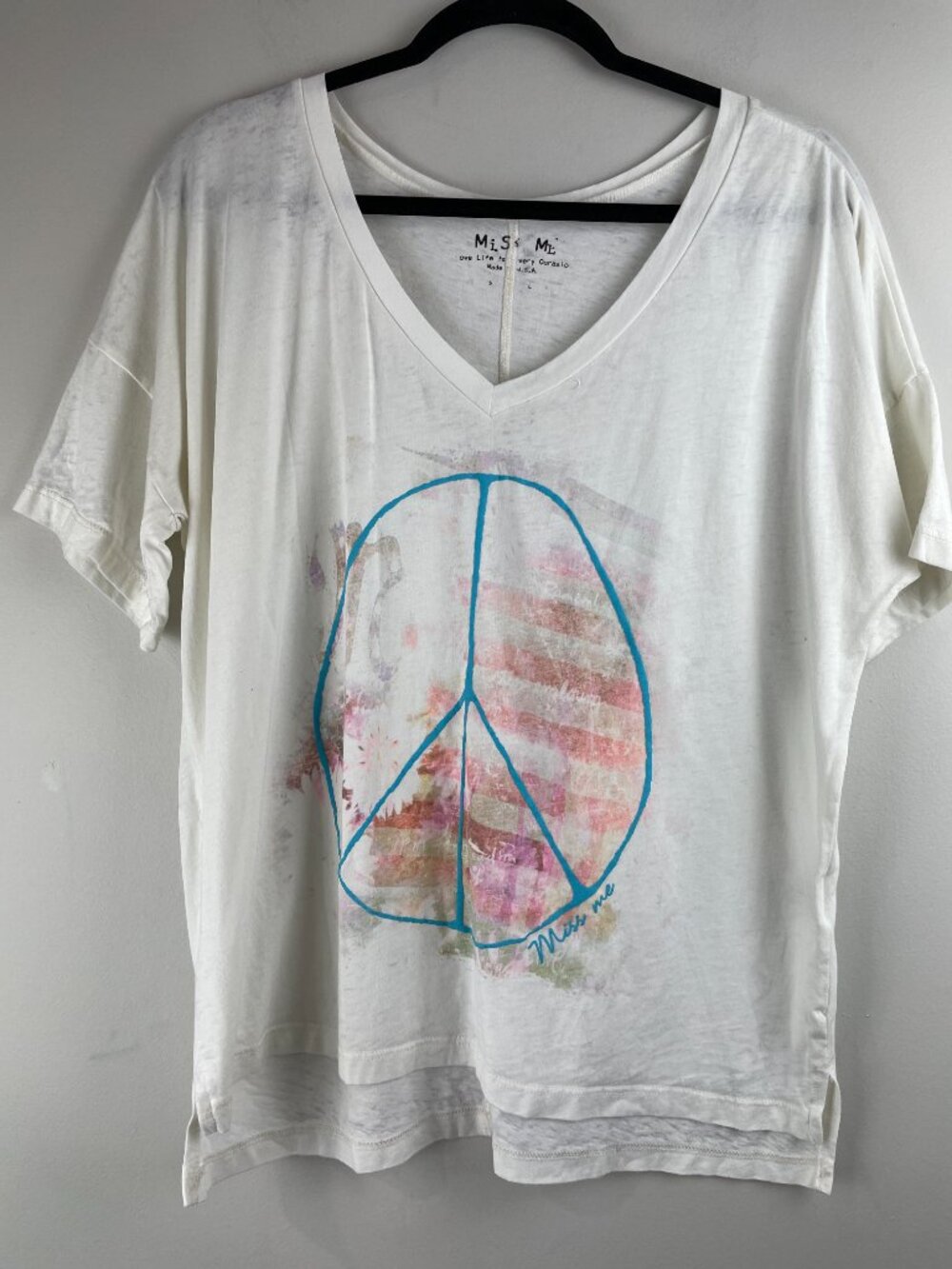 Miss Me Handmade LOOKING Graphic White Burnout Tee Sz M